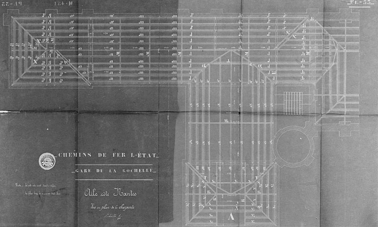 Hall des voyageurs, aile côté Nantes, plan de la charpente, en 1913, par Ménard et Gourdon (pl.33, renumérotée 52).