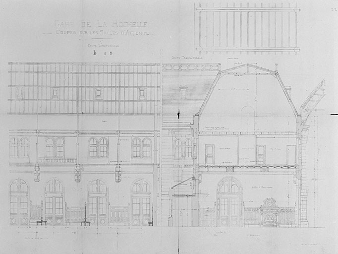 Bâtiment des voyageurs, salles d'attente, coupes longitudinale et transversale et plan du plafond, par Esquié (pl.29).