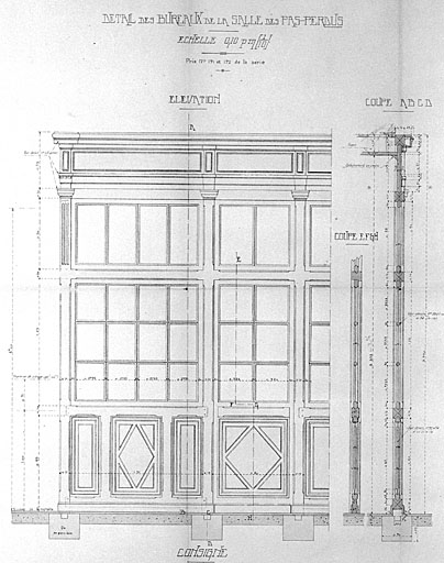 Bâtiment des voyageurs, décor des bureaux de la salle des Pas Perdus, détails en élévation et coupes (pl.30).