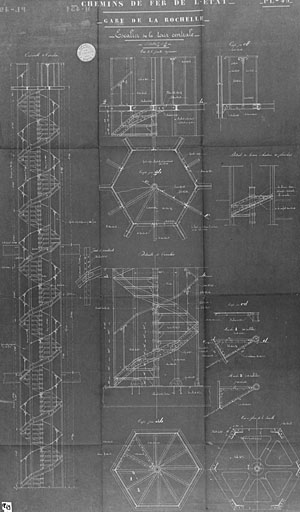 Bâtiment principal, tour centrale, escalier, coupes et plans de 1913, par Ménard et Gourdon (pl.49).