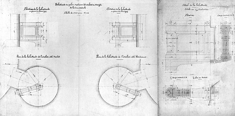 Bâtiment principal, tour centrale, balustrade du palier supérieur, détails (pl.16).