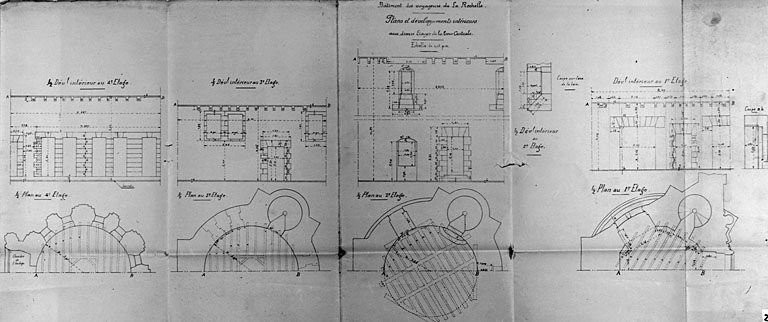 Bâtiment principal, tour centrale, plan et coupe aux divers étages (pl.25).