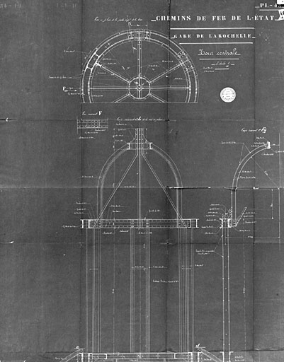 Bâtiment principal, tour centrale, partie supérieure, plan et coupes (pl.48).