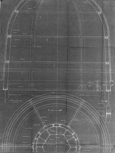 Bâtiment principal, tourelle d'angle, coupe et plans (de 1913, par Ménard et Gourdon ?).