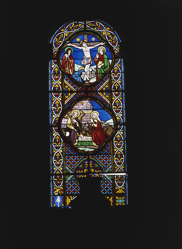 Verrière figurée : Nativité, Calvaire (baie 0).