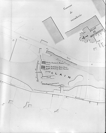 Rivière de Clain, canal de la Doux. Plan général et dessins de détail. Plan des moulins de Chasseigne, par Menche, ingénieur, le 10 décembre 1853.