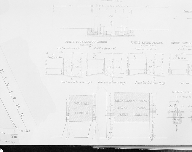 Rivière de Clain, canal de la Doux. Plan général et dessins de détail. Détails des moulins de Chasseigne, par Menche, ingénieur, le 10 décembre 1853.