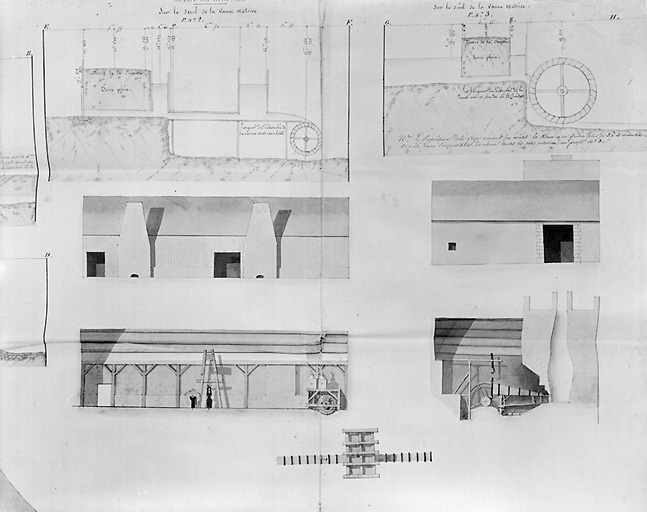 Détail du plan de la forge de Verrières du 2 août 1825 : élévations et coupes de la chaufferie et du fourneau.