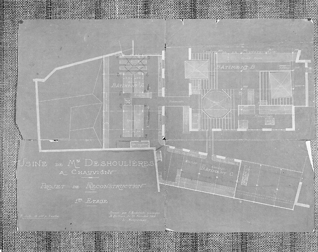 Projet de reconstruction de Vassalour : plan du 1er étage, le 26 nov. 1908, par L. Martineau, architecte.