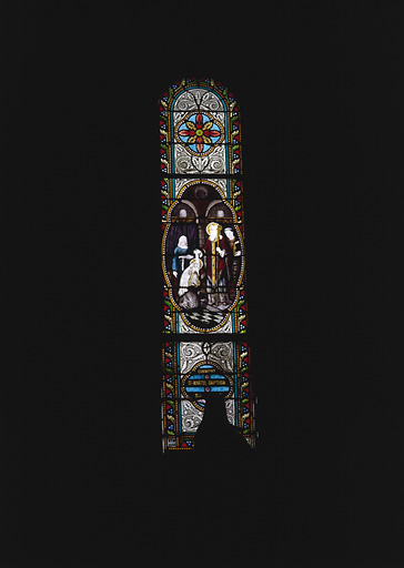 2 verrières (verrière hagiographique, verrière décorative) : baptême de sainte Soline, communion de sainte Soline (baies 7 et 8).