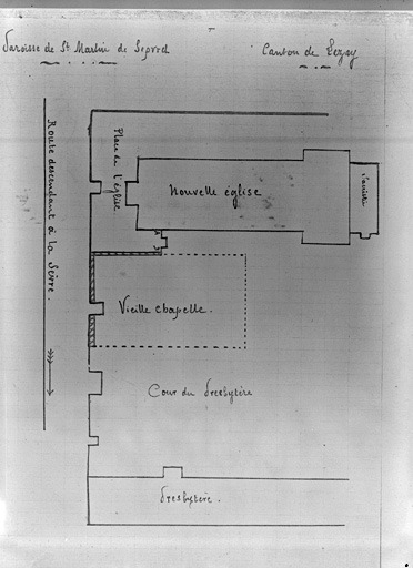 Plan schématique de la nouvelle église et de la vieille chapelle vers 1905 par Léopold Bonnet, curé.