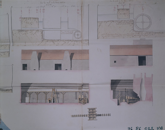 Détail du plan de la forge de Verrières du 2 août 1825 : élévations et coupes de la chaufferie et du fourneau.