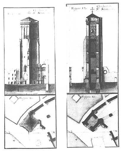 Plans, coupe et élévation du clocher au rez-de-chaussée dans son état de 1717, par Claude Masse.