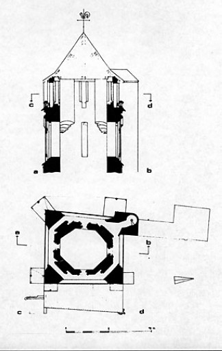 Plan et coupe de la partie haute du clocher.