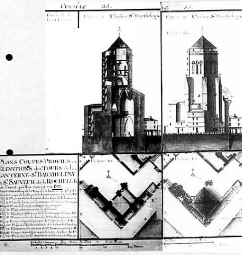 Plans, élévation et coupe du clocher de l'église, par Cl. Masse.