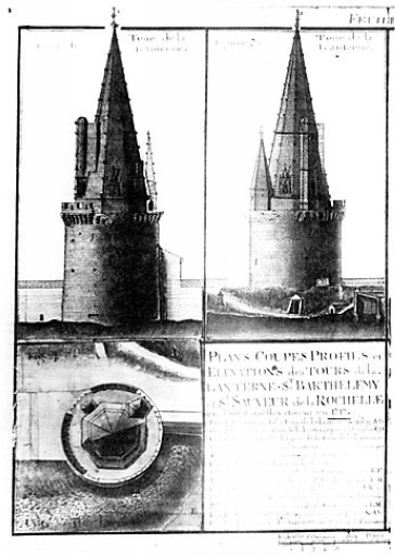 Elévation et plan au niveau de la plate-forme à la base de la flèche, en 1742, par Cl. Masse.