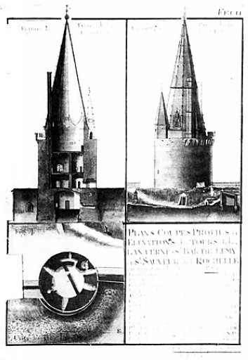 Coupe, élévation et plan au deuxième niveau, en 1742, par Cl. Masse.