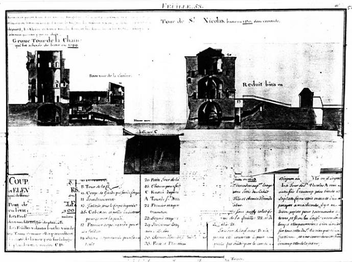 Coupe des tours d'entrée du port, état de 1717, par Masse.