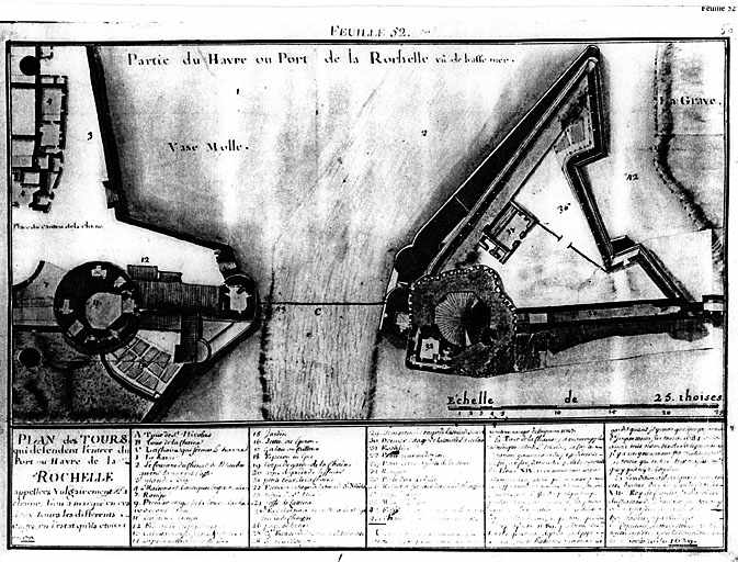 Plan des tours avec la chaîne, à l'entrée du havre. Etat en 1717, par Claude Masse.