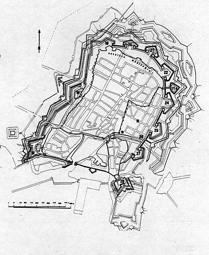 Plan de l'enceinte au moment du siège de 1628 (d'après Masse, feuille 9).