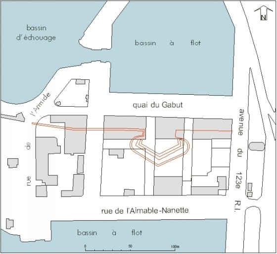 Restitution de l'emplacement du Gabut, d'après un extrait du plan cadastral de 1976.