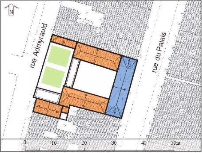 Plan masse, plan schématique des toitures, d'après le plan cadastral de 1976.