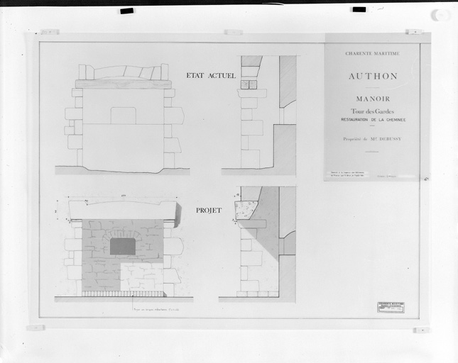 Tour des Gardes, restauration de la cheminée, état actuel et projet, élévations et profils, par S. Brun, en 1984.