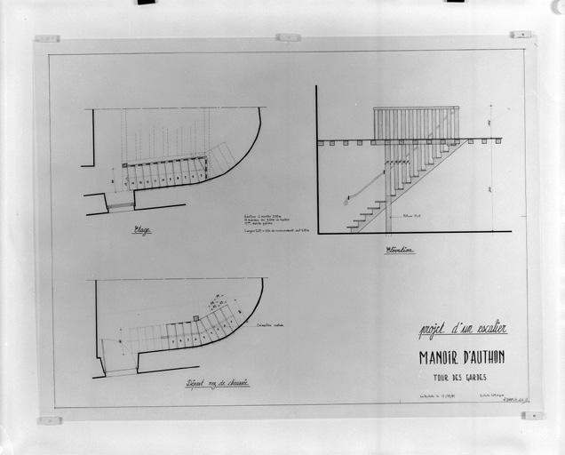 Tour des Gardes, projet d'escalier, plans et élévation, en 1985.