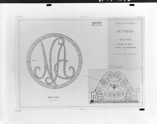 Grille d'entrée, projet de monogramme, par Serge Brun, en 1984.