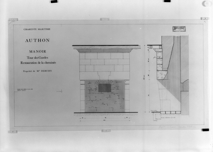 Tour des Gardes, restauration de la cheminée, élévation et profil, par Serge Brun, en 1985.