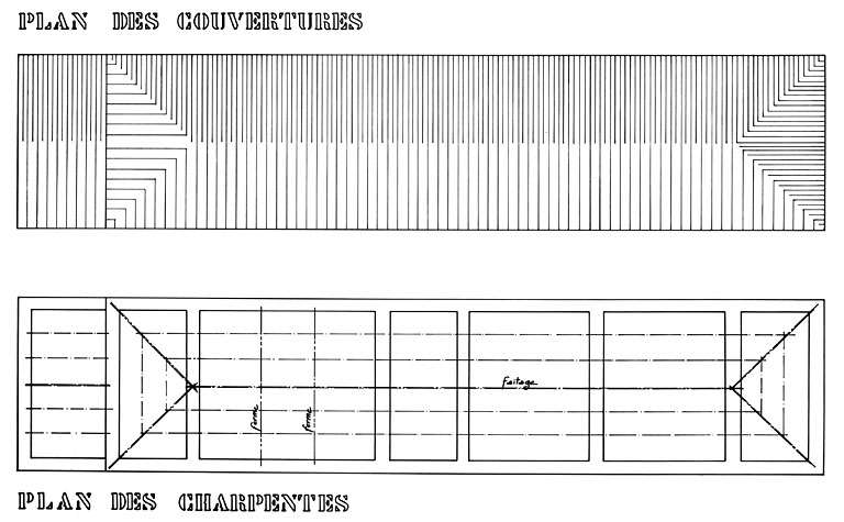 Logis, plans des couverture et des charpentes. Sans date.