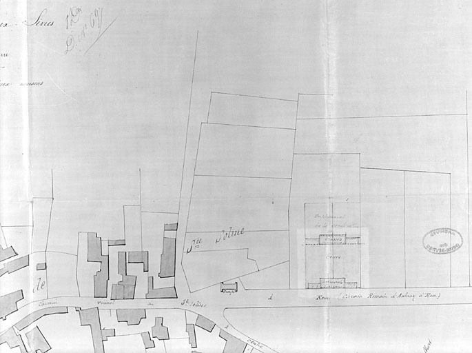 Projet de construction de deux maisons d'école avec mairie. Plan général [extrait du cadastre], le 1er novembre 1882, par Guillaud, architecte à Vernoux, détail.