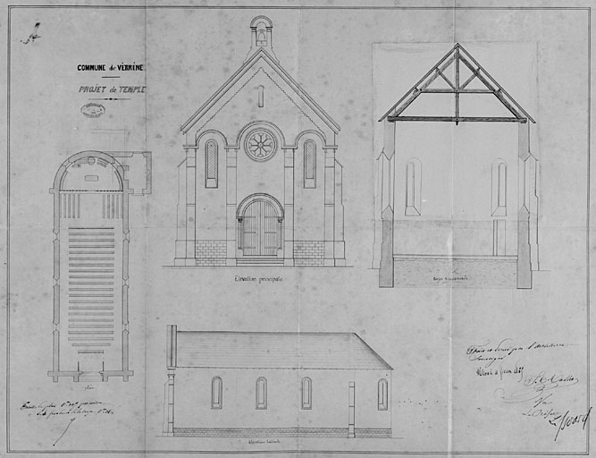 Projet de construction d'un temple protestant pour Verrines-sous-Celles (non réalisé), du 11 février 1865, par F.V. Vallet, architecte à Niort ; projet abouti pour la façade à Vitré.