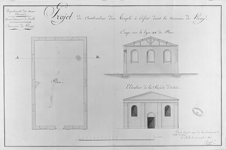 Projet de construction d'un temple, du 3 novembre 1820, par Nigot (projet non abouti).