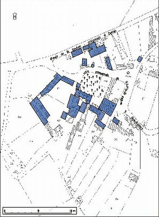 Plan masse d'après le cadastre de 1985. En bleu, le bâti en 1818.