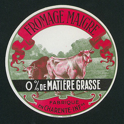 Etiquette de camembert à 0 % de matière grasse. Imprimeur. H. Garnaud, Angoulême.