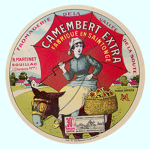 Etiquette de camembert fabriqué par la fromagerie de la vallée de la Soute, R. Martinet. Imprimeur. H. Garnaud, Angoulême.