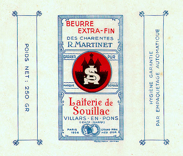 Papier d'emballage de beurre R. Martinet (avant 1950). Imprimeur. Peytoureaux, Jarnac.