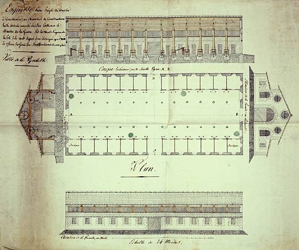 Esquisse d'un projet de tuerie à construire sur le terrain cédé par le ministère de la Guerre. Plan, coupes et élévations, vers 1810.