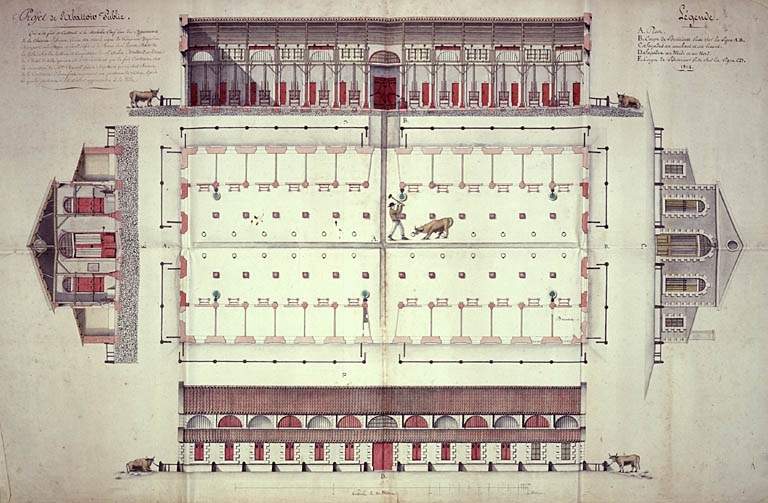 Projet d'abattoir public construit en 1813, par Aubin Brossard. Plan, coupes et élévations.