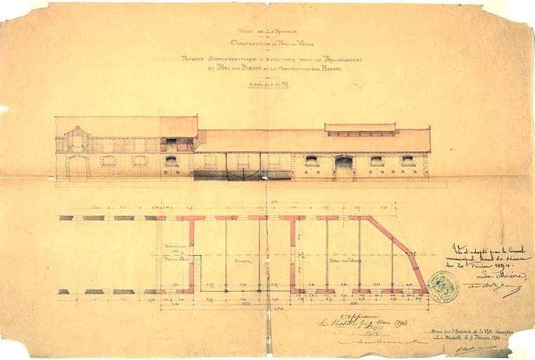 Construction du parc aux veaux. Travaux suplémentaires à effectuer pour le prolongement du parc aux boeufs et la construction du hangar. Plan et élévation de 1894, par P. Corbineau.