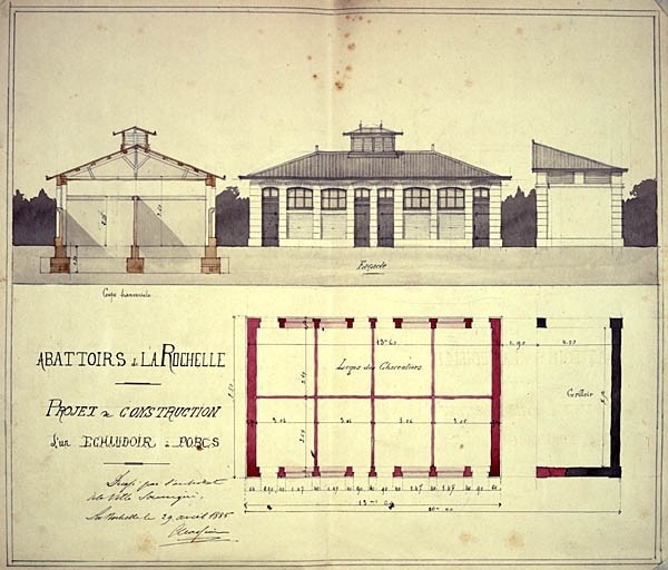 Projet de construction d'un échaudoir aux porcs. Plan, coupe et élévations de 1885, par P. Corbineau ?