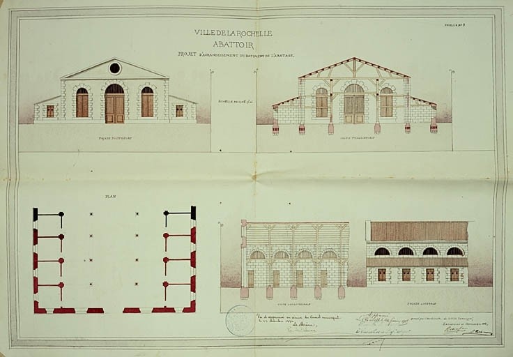 Plan d'agrandissement du bâtiment d'abattage. En 1884, par P. Corbineau.