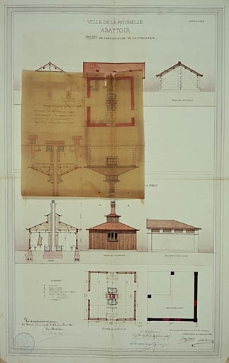 Projet de construction de la porcherie, plan, élévations et coupe. Projet de construction d'un échaudoir aux porcs, plans, élévations et coupe, avec retombe levée. En 1884, par P. Corbineau.