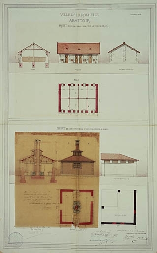 Projet de construction de la porcherie, plan, élévations et coupe. Projet de construction d'un échaudoir aux porcs, plans, élévations et coupe, avec retombe baissée. En 1884, par P. Corbineau.