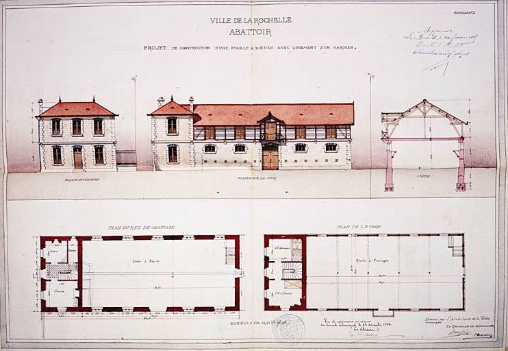 Projet de construction d'une étable à boeufs avec logement d'un gardien. Plans, élévations et coupe, en 1884, par P. Corbineau.