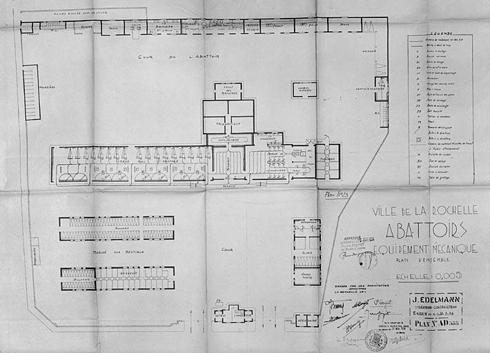 Plan d'ensemble avec équipements mécaniques, en 1934, par M. Morguet, P. Grizet... et J. Edelmann (ingénieur-constructeur à Esbly).