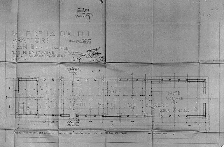 Plan de la bouverie, rez-de-chaussée, signé M. Morguet, P. Grizet, J. Béraud, 1934.