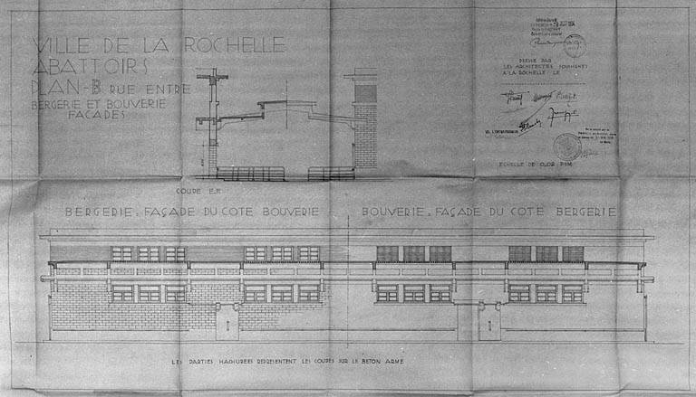 Bergerie et bouverie, élévation et coupe, signé M. Morguet, P. Grizet, J. Béraud, 1934.