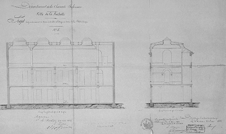 Projet d'agrandissement du musée, à l'étage, au-dessus de la bibliothèque. Coupe longitudinale et coupe transversale, le 25 juin 1862, par A. Brossard.